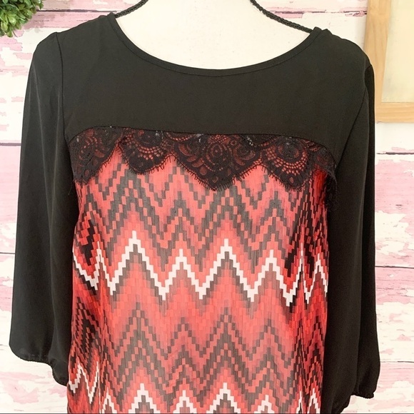 I.N STUDIO Red Black Chevron Print Lace Blouse S - Picture 2 of 6